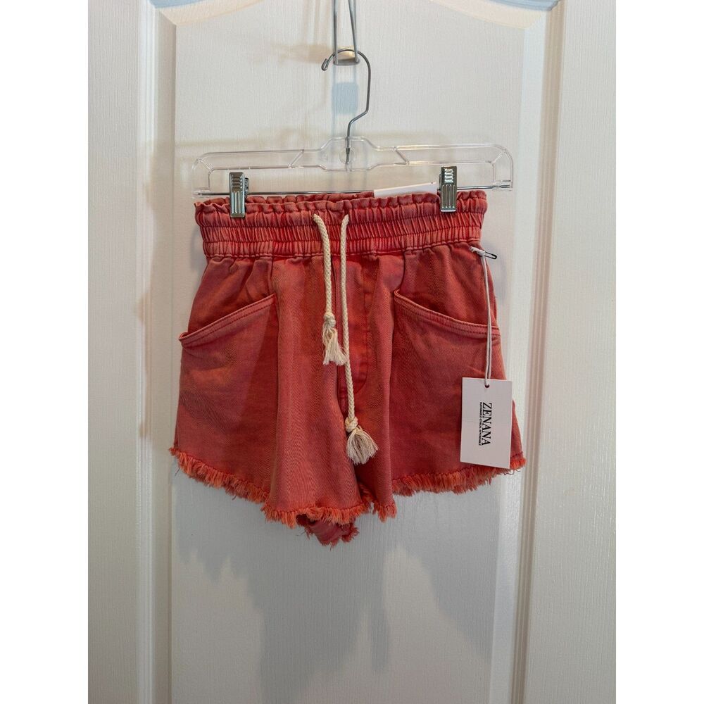NWT Zenana Terracotta Rust Mineral Wash Fray Hem Paperbag Shorts Size Small